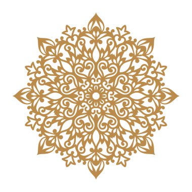 Lazer kesim mandala. Yuvarlak süs dantel, altın çiçek desen. Oryantal süs silueti. Vektör geometrik daire. Arabesk tarzda dairesel desen. Düğün davetiyesi için tebrik kartı.