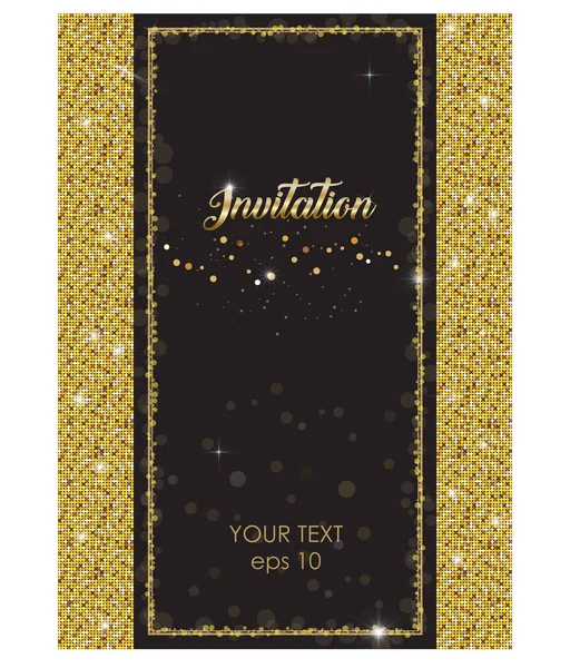 Elegante invito frizzante VIP con cornice in oro. Etichetta lampeggiante con brillantezza glitter decorazione su sfondo nero. Illustrazione vettoriale scintillante dei punti per la busta, la carta, la bandiera di nozze . — Vettoriale Stock