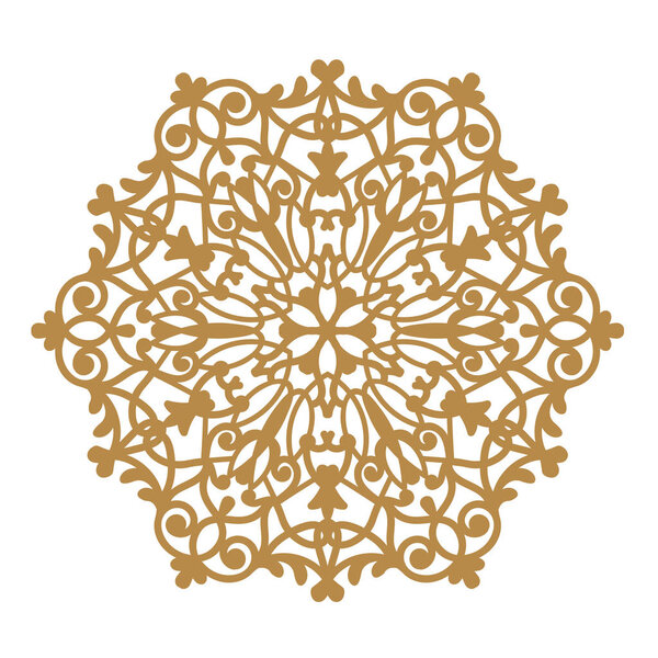 Laser cutting mandala. Round ornamental lace, golden floral pattern. Oriental ornament silhouette. Vector geometric circle. Circular pattern in arabesque style. For wedding invitation, greeting card.