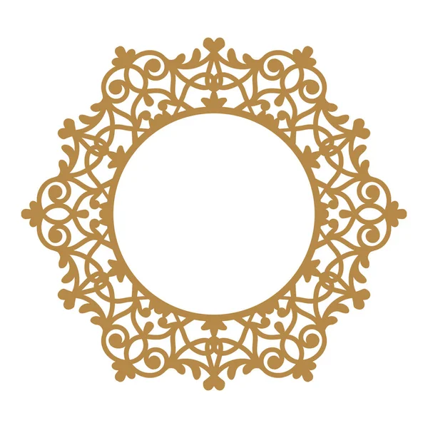 Marco fotográfico de corte por láser. Plantilla redonda decorativa para el diseño. Borde de metal vintage geométrico vectorial. Encaje ornamental oriental, silueta dorada. Patrón circular en estilo arabesco. Servilleta plantilla — Vector de stock