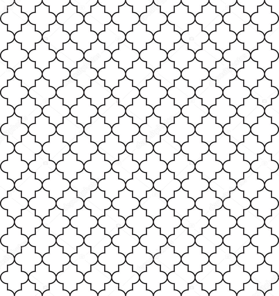 Seamless pattern with ogee ornament. Oriental traditional ornamentation with repeated rounded shapes. Openwork silhouette with a lacy decor. Vector white and black islamic illustration. Background.