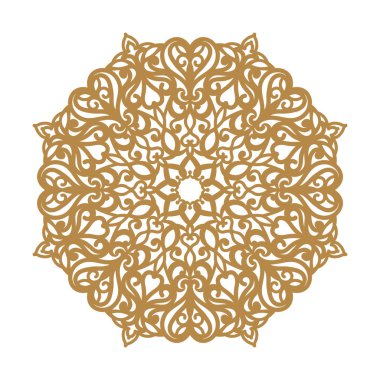 Lazer kesim mandala. Yuvarlak süs dantel, altın çiçek desen. Oryantal süs silueti. Vektör geometrik daire. Arabesk tarzda dairesel desen. Düğün davetiyesi için tebrik kartı.