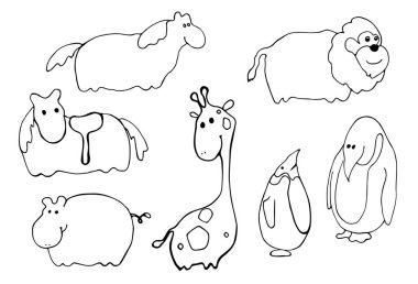 Sevimli karikatür hayvanlar kümesi. Komik vektör siluetleri. Tombul at, sevimli zürafa, aslan, küçük su aygırı, penguen lineer kroki. El çizilmiş vektör illüstrasyon izole. T-shirt'te kart veya baskı için.