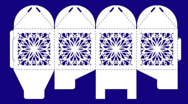 Lazer kesim şablonu. Bir dantel süs ile Openwork kutusu. Düğün, doğum günü partisi, vaftiz için vektör bonbonniere. Çiçek mandala silueti. Ahşap oyma için hediye kutusu, kağıt kesme, kalıp kesim için damga.