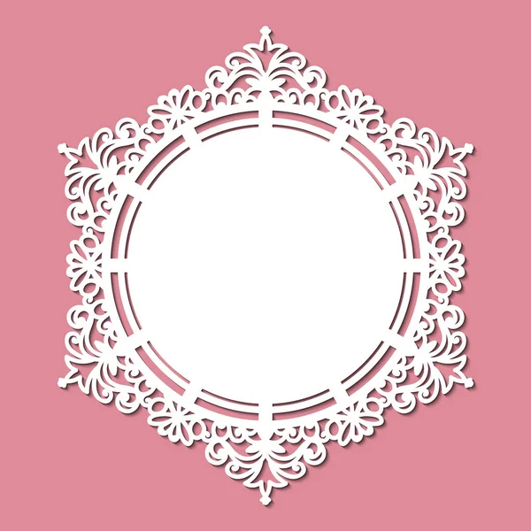 Laser cut template of ornamental frame. Openwork napkin on pink background. Wedding, greeting invitation card. Lacy edge of border at vintage style. Round decorative vector silhouette. Cut out paper. — Stock Vector