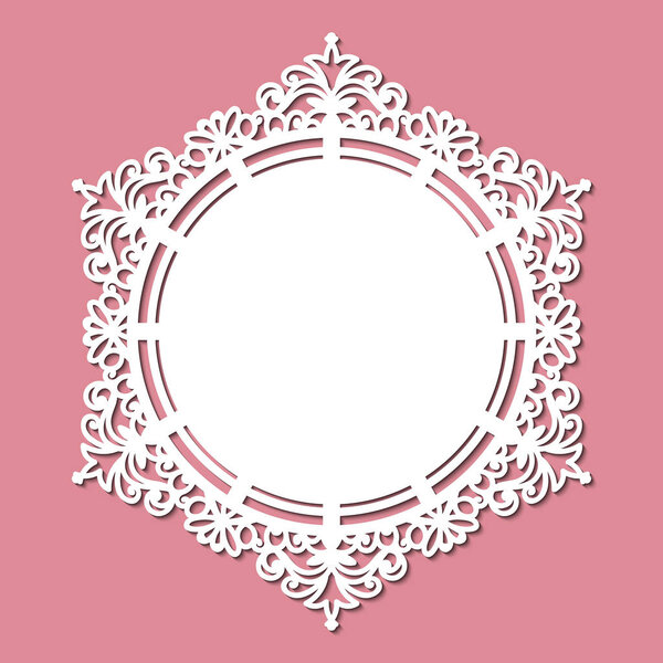 Laser cut template of ornamental frame. Openwork napkin on pink background. Wedding, greeting invitation card. Lacy edge of border at vintage style. Round decorative vector silhouette. Cut out paper.