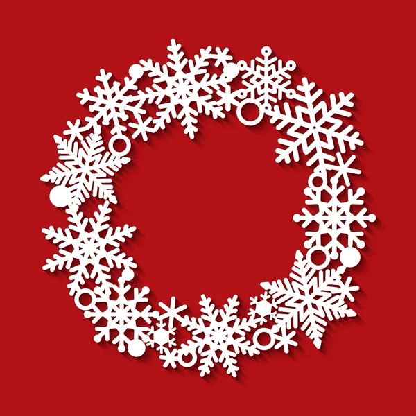 オープンワークベクトル冬のパターンのレーザー切断テンプレート。雪片と花輪の形のフレーム。xmas招待状用の丸いボーダーのシルエット。紙切り取りのためのヴィンテージクリスマスの装飾. — ストックベクタ