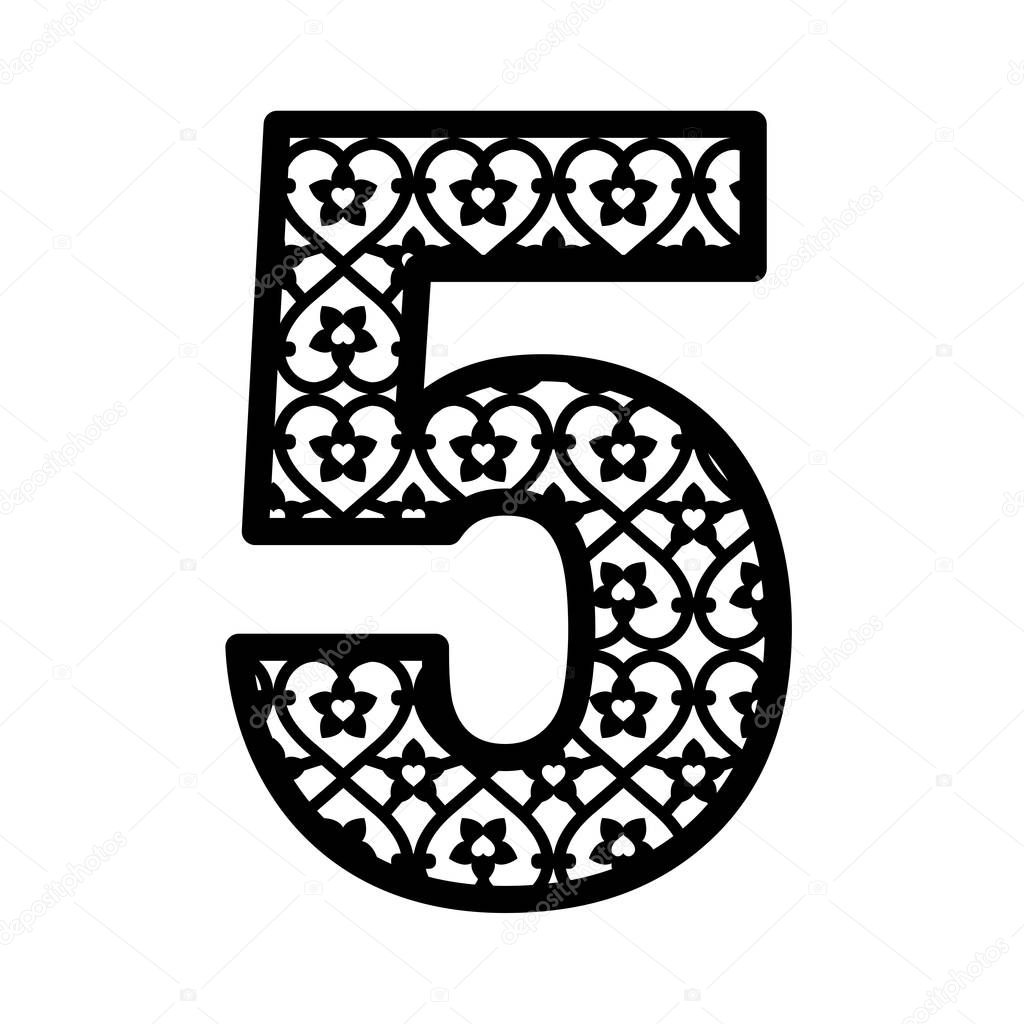 Number 5 for laser cutting. Numeral character five. Decor font for paper or die cut. Numeric date template. Vector letter for invitation, baby shower, birthday card, scrapbooking, wedding.
