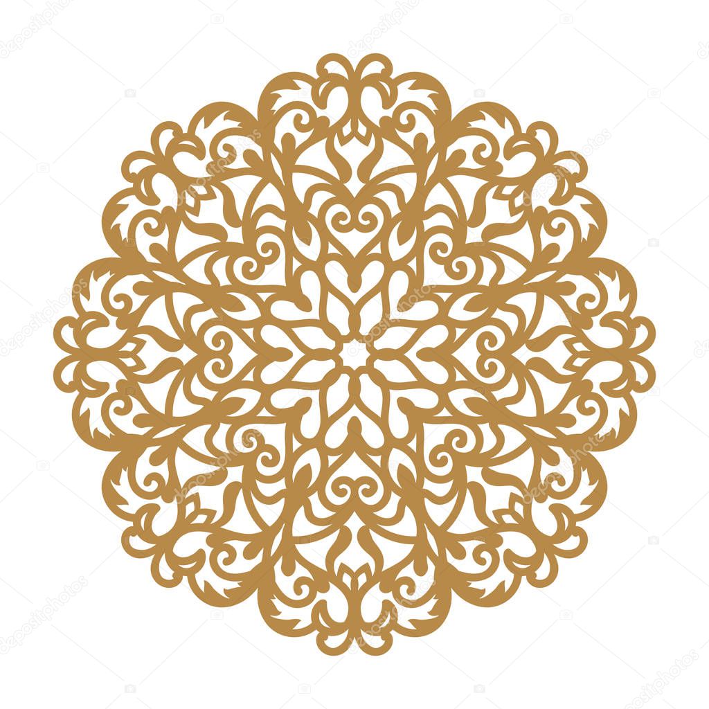 Laser cutting mandala. Round ornamental lace, golden floral pattern. Oriental ornament silhouette. Vector geometric circle. Circular pattern in arabesque style. For wedding invitation, greeting card.