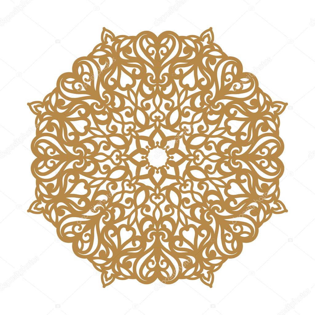 Laser cutting mandala. Round ornamental lace, golden floral pattern. Oriental ornament silhouette. Vector geometric circle. Circular pattern in arabesque style. For wedding invitation, greeting card.