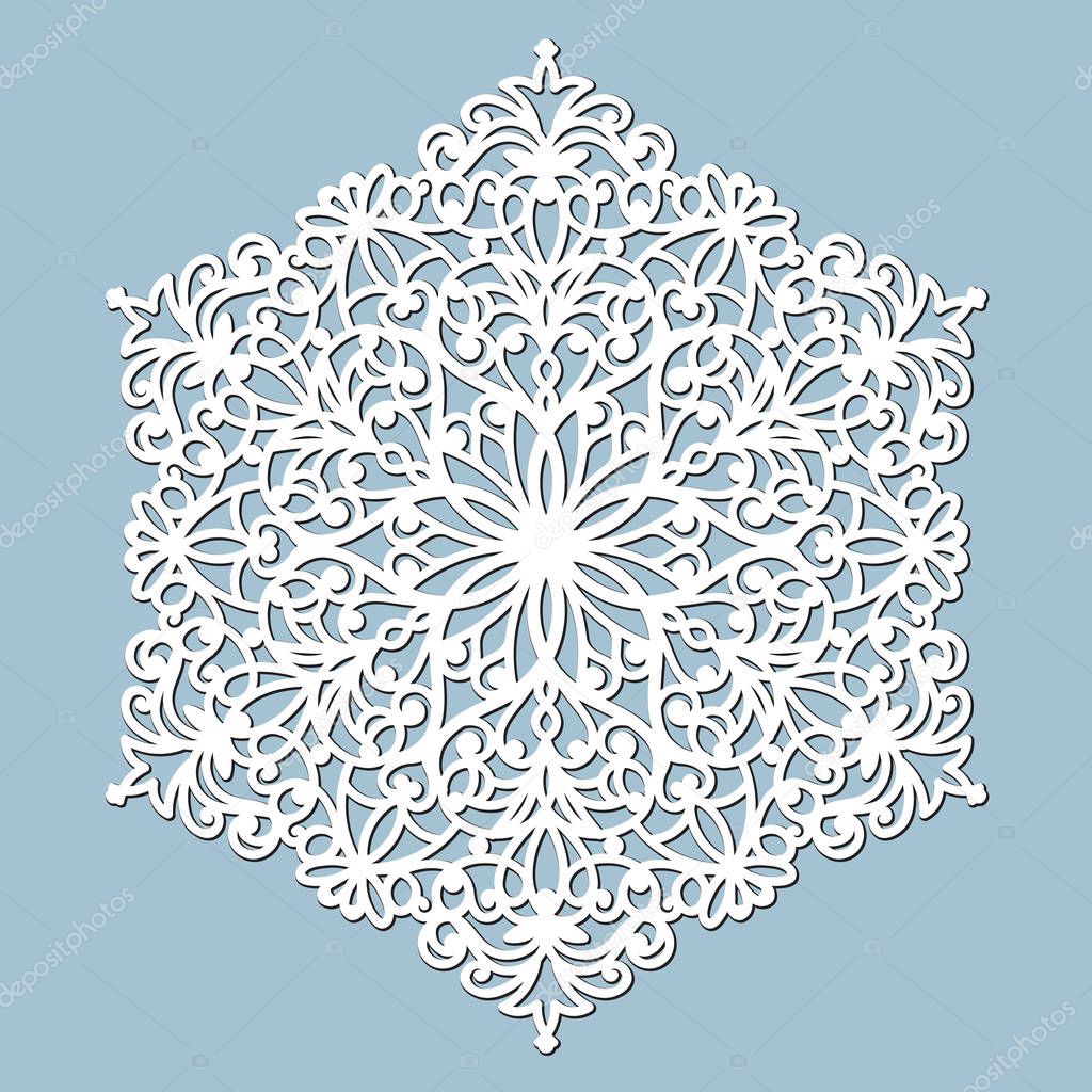 Laser cut mandala. Round lace doily, floral ornament, circular silhouette. Vector geometric oriental pattern in arabesque style. Decorative napkin or snowflake. For wedding invitation, greeting card.