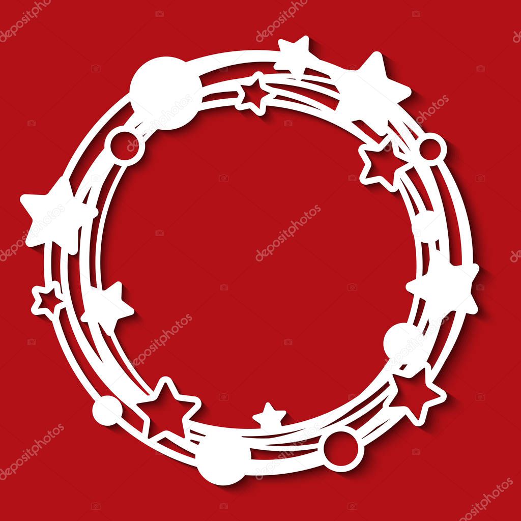 Laser cutting template of openwork vector pattern. Frame in shape of wreath with stars and circles. Silhouette of round border for xmas invitation card. Vintage christmas decoration for paper cut out.