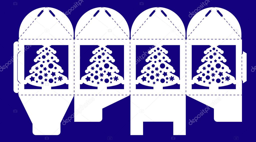 Openwork box with a lace ornament. Vector bonbonniere for baptism, party, christmas. Laser cutting template. Silhouette of Xmas fir tree. Cube gift framework to print, cut and fold.