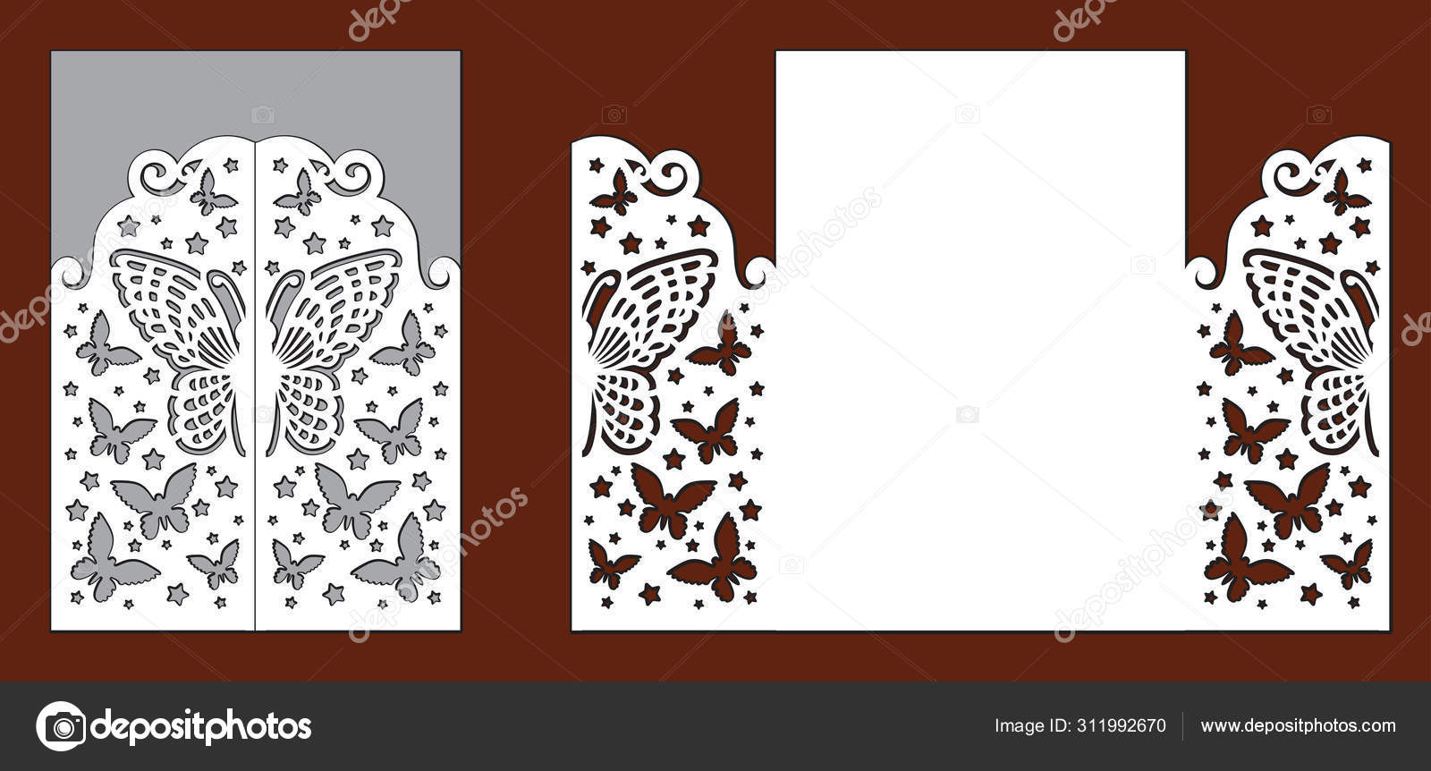 Wedding invitation with lace decoration, beautiful butterflies and stars. Laser  cut template for party. Envelope for greeting card. Openwork vector  silhouette of fold gate for cutting. Stock Vector by ©Natalia8302@mail.ru  311992670, image size:1600x862