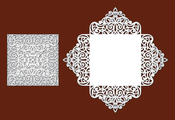 Convite de casamento com borda de renda. Modelo de corte a laser para festa. envelope de bolso para cartão de saudação com ornamento floral abstrato. Papelaria de corte de vetor. silhueta Openwork com padrão . — Vetor de Stock