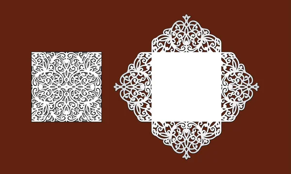 Invitation de mariage avec bordure en dentelle. Modèle de coupe laser pour la fête. Enveloppe de poche pour carte de voeux avec ornement floral abstrait. Papeterie de découpe vectorielle. Silhouette ajourée avec motif . — Image vectorielle