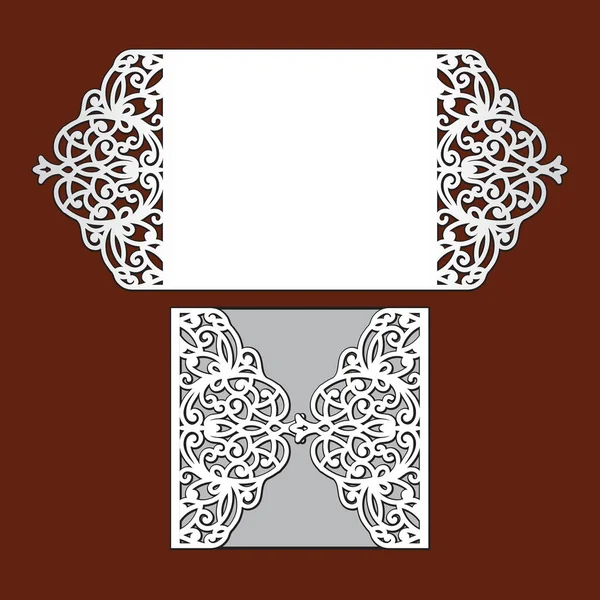 Invitation de mariage avec bordure en dentelle. Modèle de coupe laser pour la fête. Enveloppe de poche pour carte de voeux avec ornement floral abstrait. Papeterie de découpe vectorielle. Silhouette ajourée avec motif . — Image vectorielle