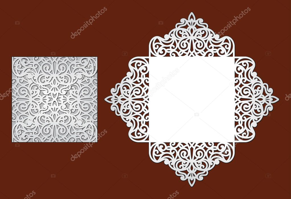 Wedding invitation with lace border. Laser cut template for party. Pocket envelope for greeting card with abstract floral ornament. Vector cutting stationery. Openwork silhouette with pattern.