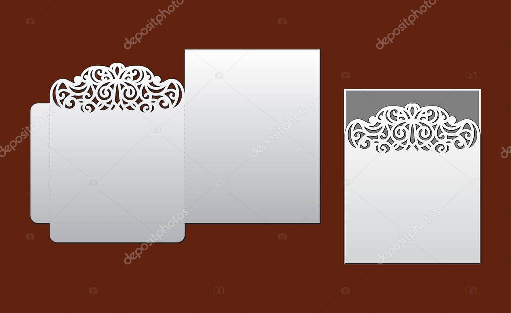 Wedding invitation with lace border. Laser cut template for party. Pocket envelope for greeting card with abstract floral ornament. Vector cutting stationery. Openwork silhouette with pattern.