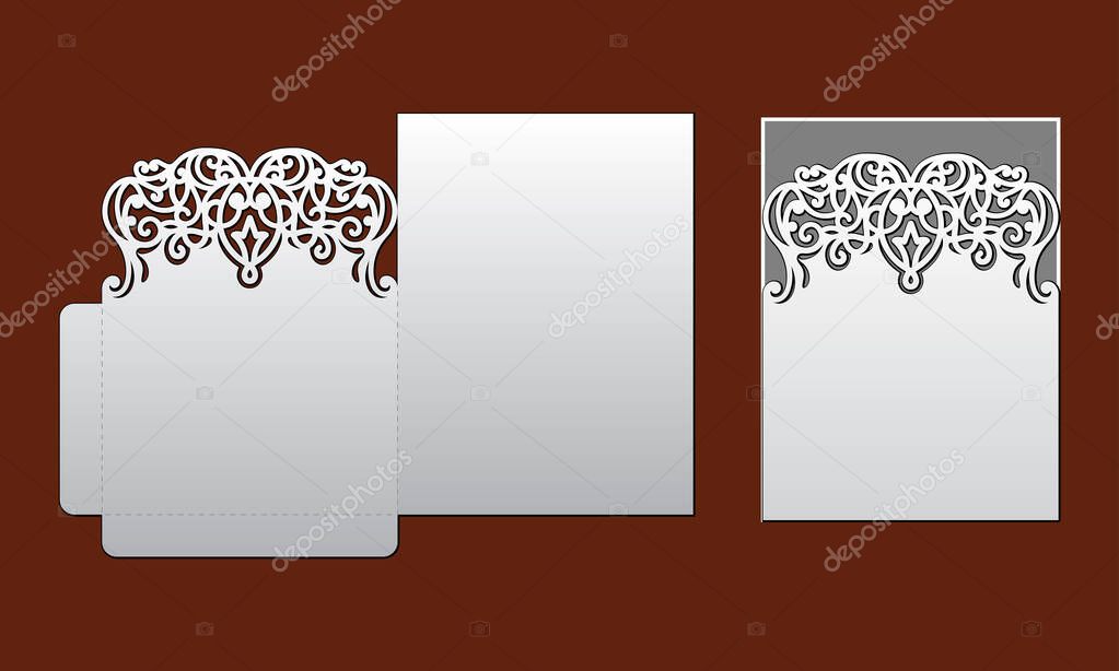 Wedding invitation with lace border. Laser cut template for party. Pocket envelope for greeting card with abstract floral ornament. Vector cutting stationery. Openwork silhouette with pattern.