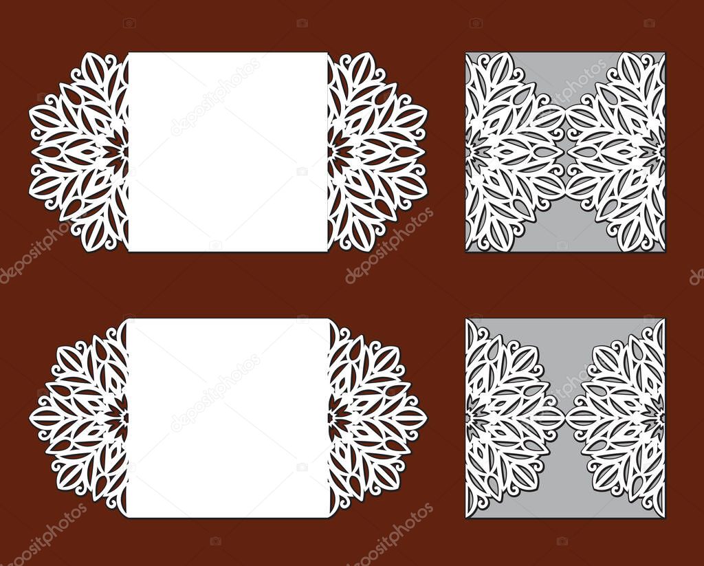 Wedding invitation with lace border. Laser cut template. Envelope with round mandala, abstract floral pattern. Openwork silhouette with ornament. Oriental vector cutting. Mockup greeting card.