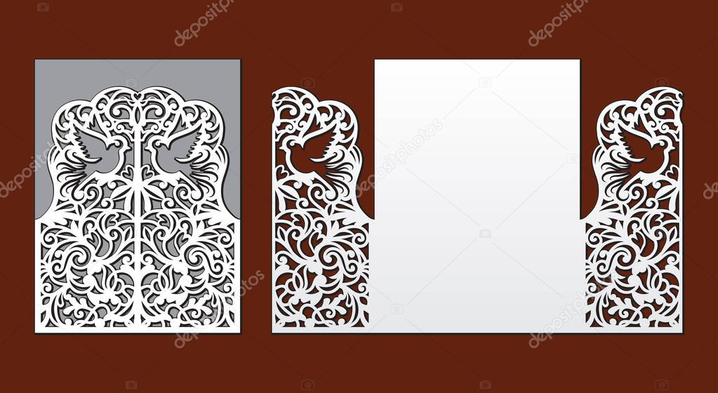 Wedding invitation with lace decor. Fairy bird in leaves and abstract floral ornament. Laser cut template for party. Envelope for greeting card. Openwork vector silhouette of fold gate for cutting.