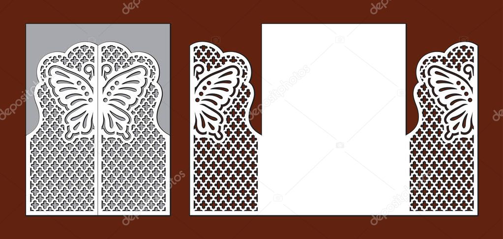 Wedding invitation with lace decoration. Fairy butterfly, grid and ornate ornament. Laser cut template for party. Envelope for greeting card. Openwork vector silhouette of fold gate for cutting.