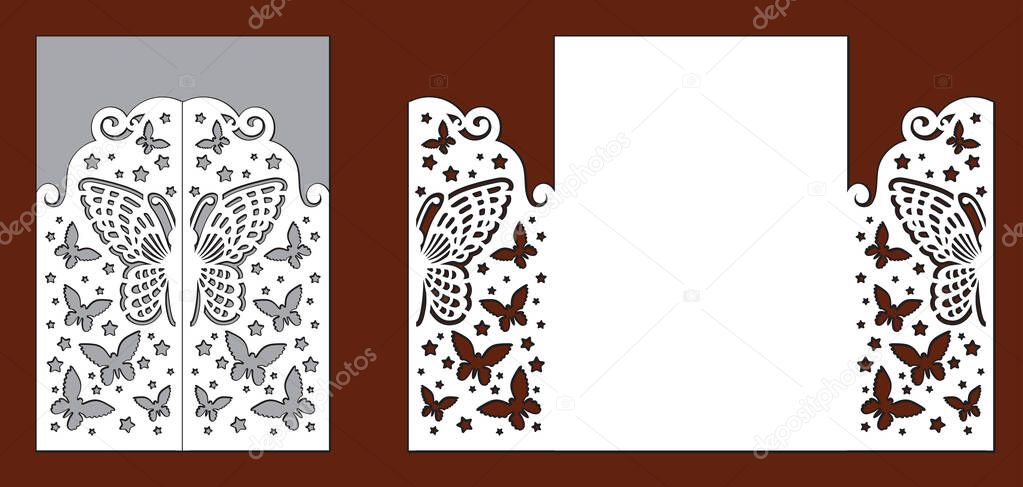 Wedding invitation with lace decoration, beautiful butterflies and stars. Laser cut template for party. Envelope for greeting card. Openwork vector silhouette of fold gate for cutting.
