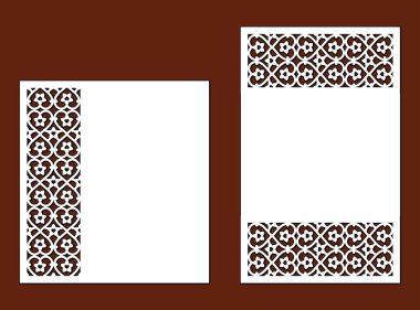 Laser cut template for envelope for greeting card, party. Star, heart, floral ornate ornament. Vector cutout stationery. Openwork silhouette with lacy pattern for die cut. clipart