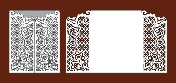 Wedding invitation with lace decoration. Fairy butterfly and floral ornate ornament. Laser cut template for party. Envelope for greeting card. Openwork vector silhouette of fold gate for cutting. — Stock Vector