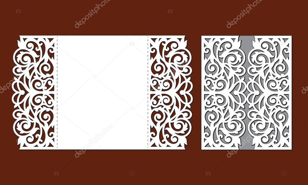 Laser cutting template of openwork vector silhouette. Gate fold wedding invitation card. Envelope with ornate abstract ornament. Panels with decorative design pattern. Lace border at vintage style.