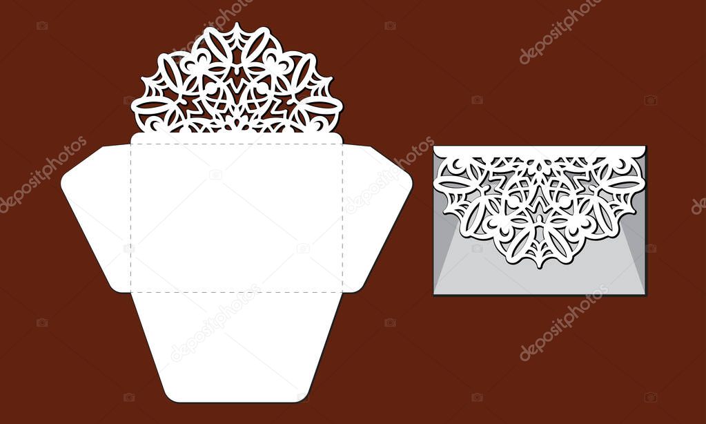 Laser cut template of openwork vector silhouette. For wedding invitation card with lace border at vintage style. Envelope with ornate abstract ornament. Decorative design pattern for holiday party.