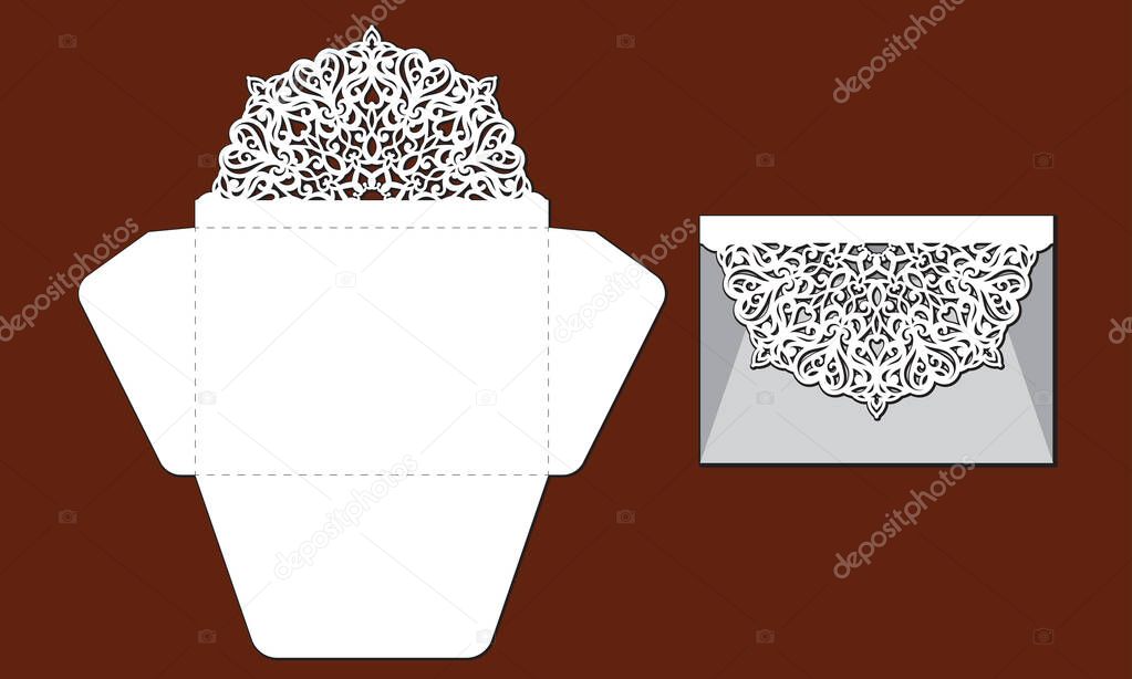 Laser cut template of openwork vector silhouette. For wedding invitation card with lace border at vintage style. Envelope with ornate abstract ornament. Decorative design pattern for holiday party.