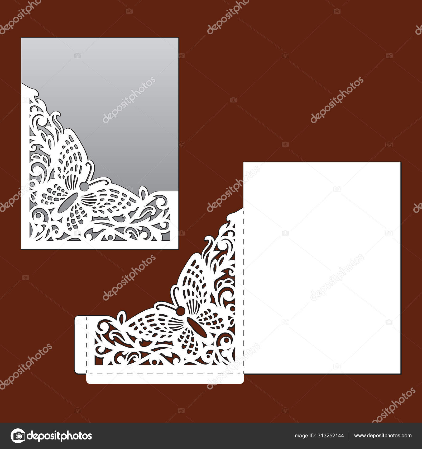 Wedding invitation with lace decor. Laser cut template for envelope for  greeting card, party. Butterfly, floral ornate ornament. Vector cutting  stationery. Openwork silhouette with lacy pattern. Stock Vector by  ©Natalia8302@mail.ru 313252144, image size:1600x1700