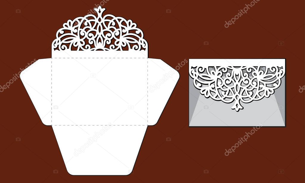 Laser cut template of openwork vector silhouette. For wedding invitation card with lace border at vintage style. Envelope with ornate abstract ornament. Decorative design pattern for holiday party.