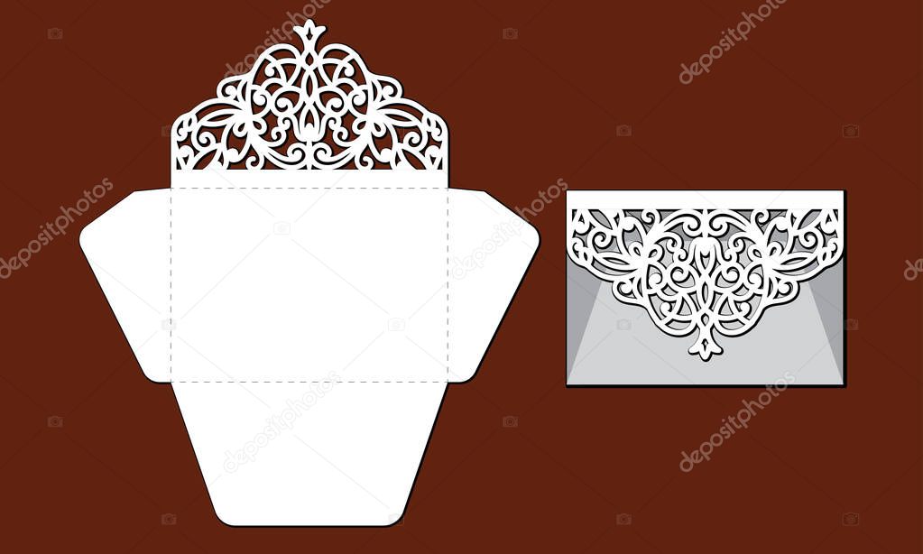 Laser cut template of openwork vector silhouette. For wedding invitation card with lace border at vintage style. Envelope with ornate abstract ornament. Decorative design pattern for holiday party.