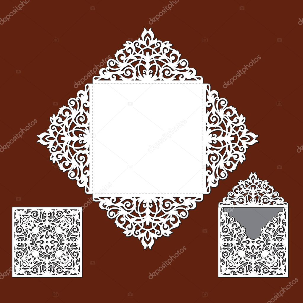 Wedding invitation card with lace angular frame at vintage style. Laser cut template of openwork vector silhouette. Envelope with ornate abstract ornament. Decorative design pattern for holiday party.