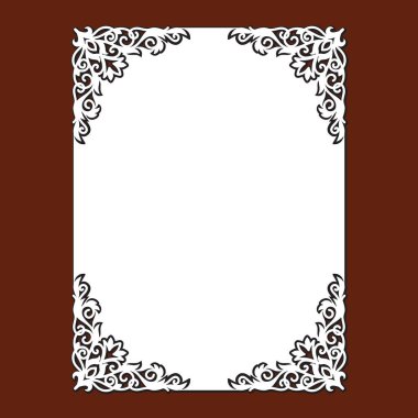 Eski tarz dantel köşeli düğün davetiyesi. Lazer, açılış vektörü siluetinin şablonunu kesti. Süslü çiçeklerle süslenmiş zarf için. Tatil için dekoratif tasarım deseni.