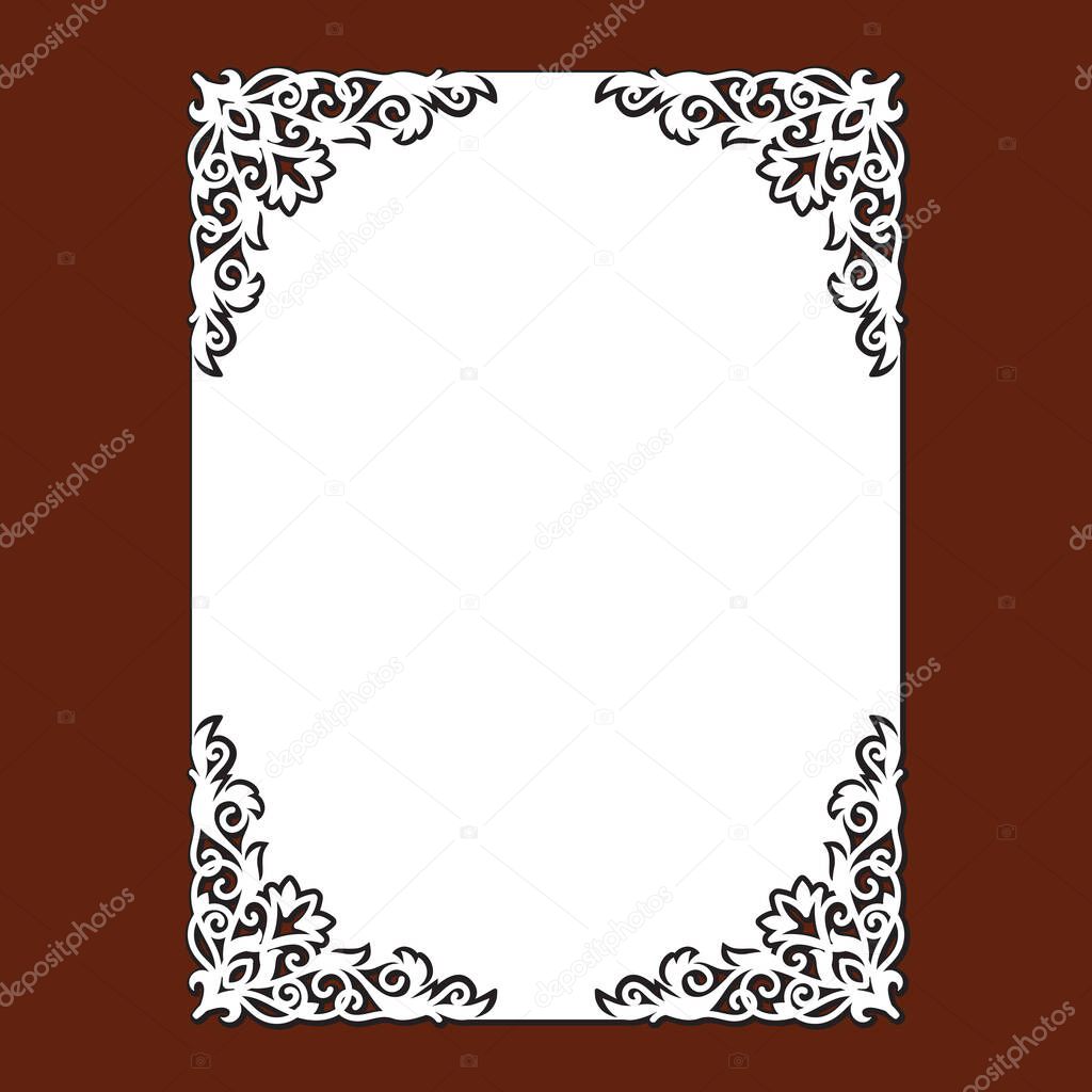 Wedding invitation card with lace angular frame at vintage style. Laser cut template of openwork vector silhouette. For envelope with ornate floral ornament. Decorative design pattern for holiday.