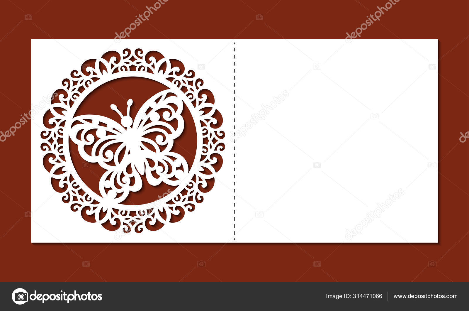 Laser cut template of wedding invitation with butterfly and ornate frame.  Mockup square greeting card. Border ornament. Lace decor panel with  openwork vector silhouette. Die cut for Valentine's day. Stock Vector by ©, image size:1600x1060