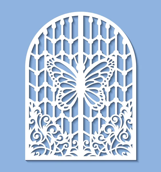 Laser cut template of metal gate with forged ornament, decorative grid, butterfly. Steel sliding door, lace pattern at vintage style. Openwork vector silhouette. Iron fence isolated on blue background — ストックベクタ