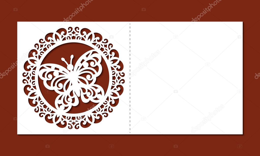 Laser cut template of wedding invitation with butterfly and ornate frame. Mockup square greeting card. Border ornament. Lace decor panel with openwork vector silhouette. Die cut for Valentine's day.