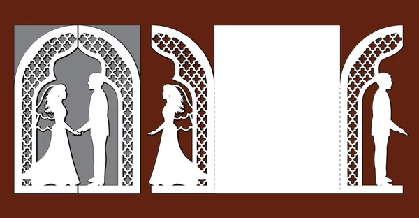 Modèle découpé au laser de carte d'invitation de mariage avec mariée et marié. Porte pliante avec silhouette vectorielle ajourée. Enveloppe pour carte postale de vœux avec arc en dentelle. Panneau avec motif décoratif ogee design . — Image vectorielle