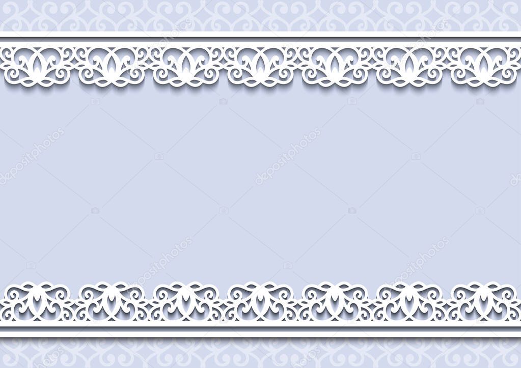 Elegant ornamental frame with lace decoration on blue background. Wedding or greeting holiday invitation card with seamless border at vintage style. Paper template of openwork vector silhouette. A4.