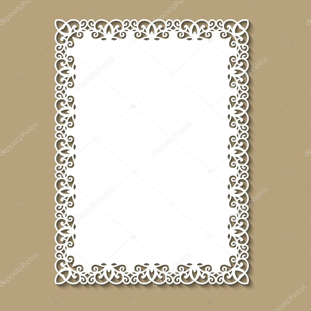 Laser cut template of ornamental frame with openwork decoration on gold background. Wedding or greeting invitation card with lacy edge of the border at vintage style. Rectangular vector silhouette.