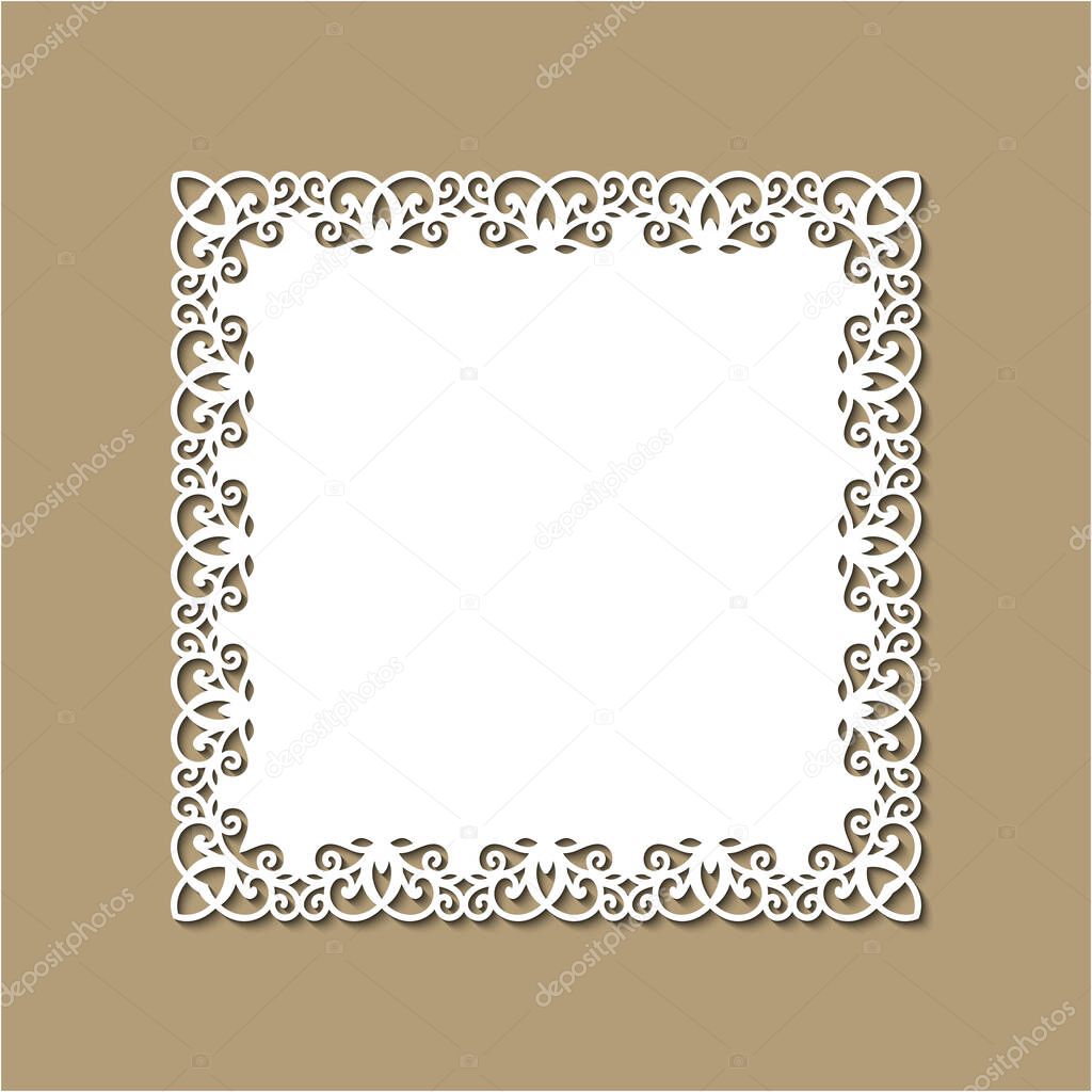 Laser cutting template of ornamental frame with openwork decoration on gold background. Wedding or greeting invitation card with lacy edge of the border at vintage style. Square vector silhouette.