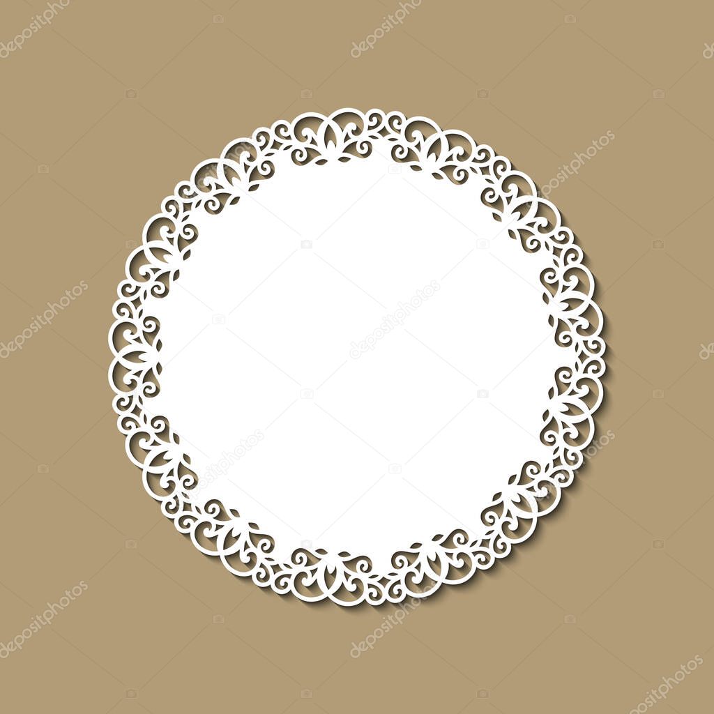 Laser cutting template of ornamental frame with openwork decoration on gold background. Wedding or greeting invitation card with lacy edge of the border at vintage style. Round vector silhouette.
