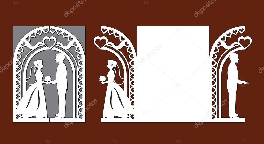 Laser cut template of wedding invitation card with bride and groom. Gate fold with openwork vector silhouette. Envelope for greeting postcard with lace arch. Panel with decorative heart design pattern