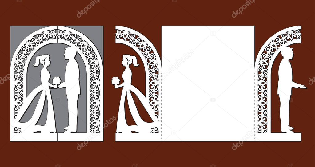 Laser cut template of wedding invitation card with bride and groom. Gate fold with openwork vector silhouette. Envelope for greeting postcard with lace decor arch. Panel with decorative design pattern
