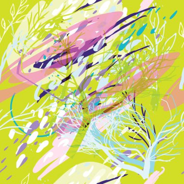 Ağaçlar, dallar, çimenler ve suluboya lekeli askeri kamuflaj dokusu.